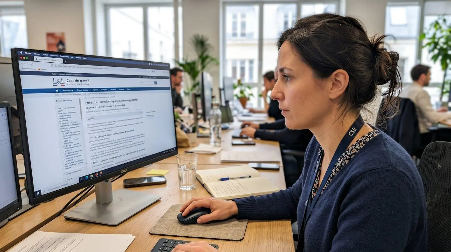 Élu CSE concentré devant son écran d'ordinateur affichant des articles du Code du travail, main sur la souris, bureau moderne épuré, éclairage naturel latéral