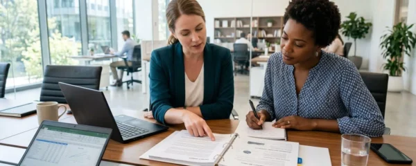 Deux élus du CSE assis côte à côte autour d'une table de réunion moderne, consultant des documents ouverts, vus de trois-quarts, lumière naturelle d'une fenêtre latérale