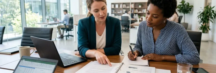 Deux élus du CSE assis côte à côte autour d'une table de réunion moderne, consultant des documents ouverts, vus de trois-quarts, lumière naturelle d'une fenêtre latérale