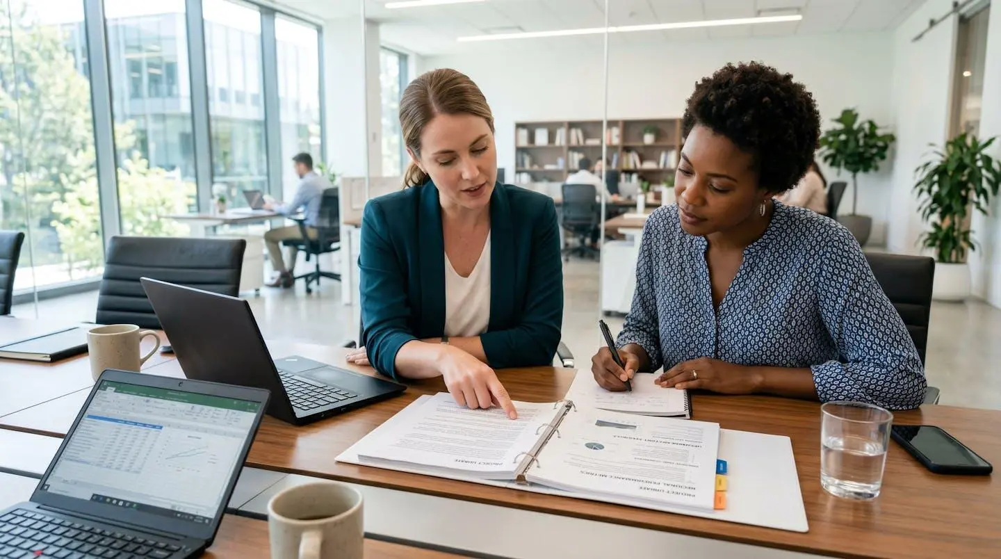 Deux élus du CSE assis côte à côte autour d'une table de réunion moderne, consultant des documents ouverts, vus de trois-quarts, lumière naturelle d'une fenêtre latérale