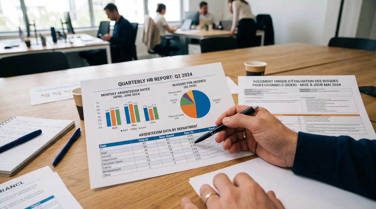 Vue rapprochée de tableaux de données RH et graphiques d'absentéisme posés sur une table, avec un document DUER ouvert à côté, éclairage naturel, mains d'un élu pointant du doigt une ligne du tableau